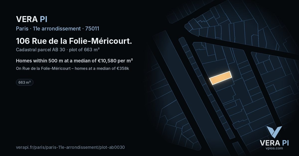 106 Rue de la Folie-Méricourt, 11e arrondissement at night – the plot lit, the parcels around coloured by the prices near them