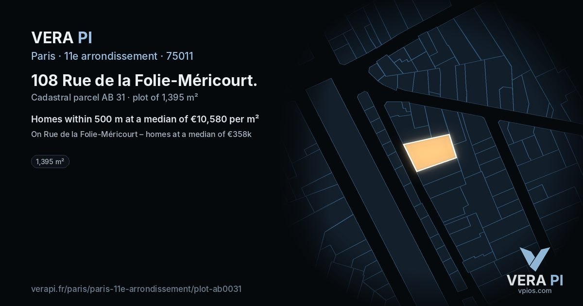 108 Rue de la Folie-Méricourt, 11e arrondissement at night – the plot lit, the parcels around coloured by the prices near them