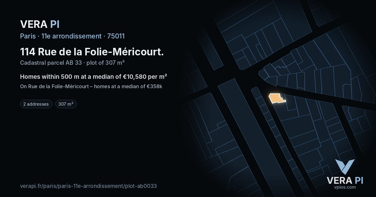 114 Rue de la Folie-Méricourt, 11e arrondissement at night – the plot lit, the parcels around coloured by the prices near them