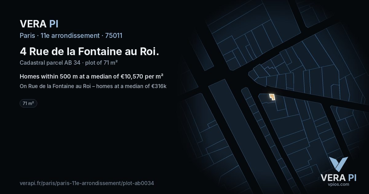 4 Rue de la Fontaine au Roi, 11e arrondissement at night – the plot lit, the parcels around coloured by the prices near them