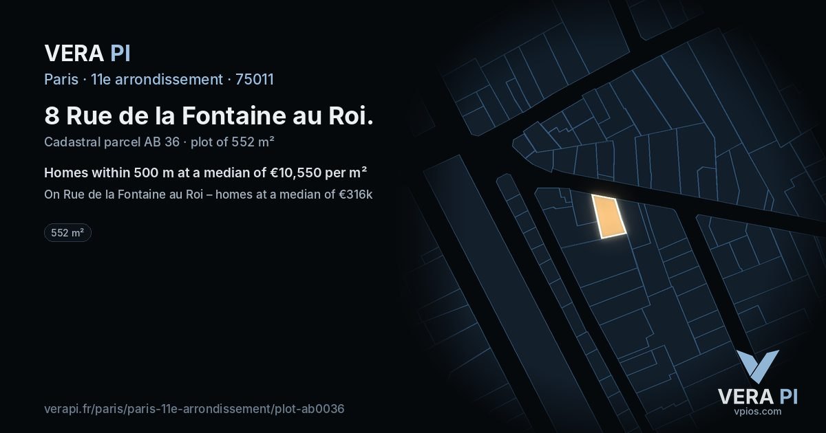 8 Rue de la Fontaine au Roi, 11e arrondissement at night – the plot lit, the parcels around coloured by the prices near them