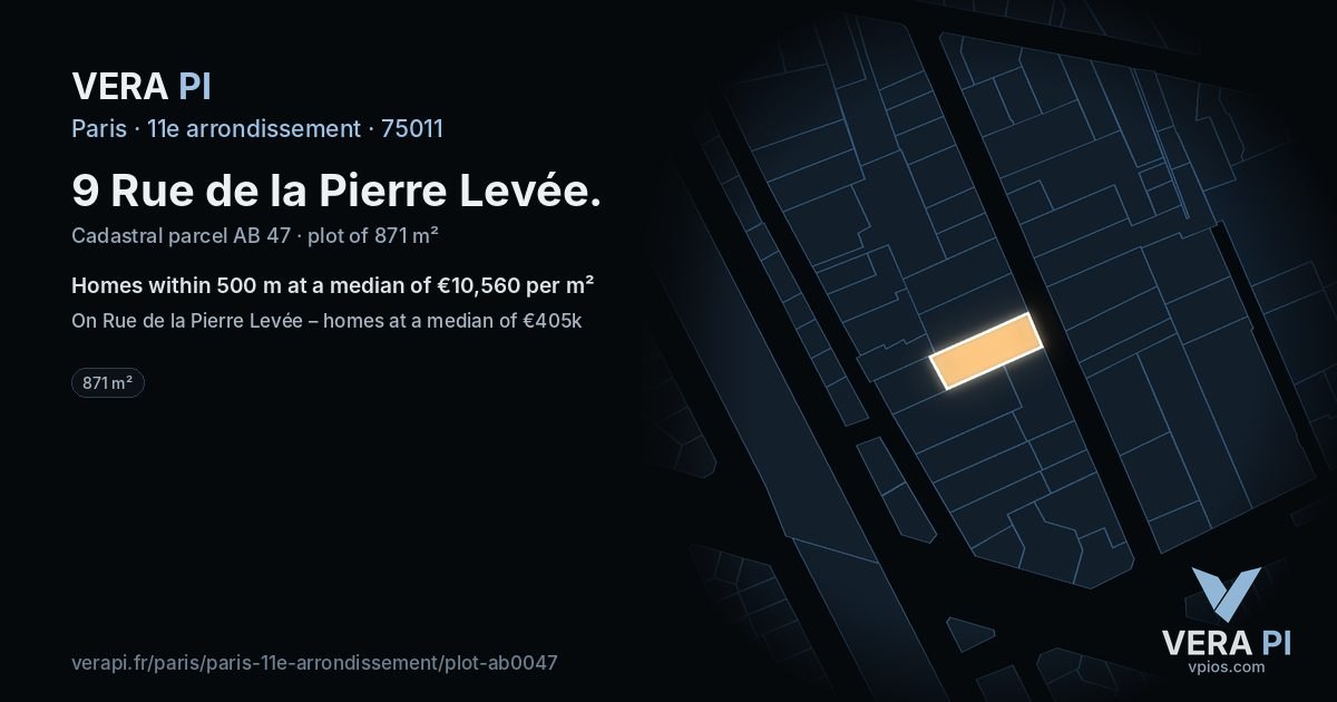 9 Rue de la Pierre Levée, 11e arrondissement at night – the plot lit, the parcels around coloured by the prices near them