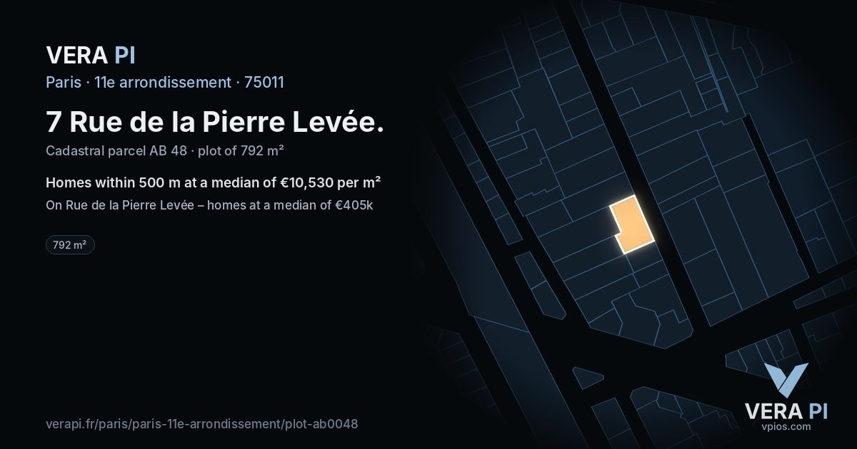 7 Rue de la Pierre Levée, 11e arrondissement at night – the plot lit, the parcels around coloured by the prices near them