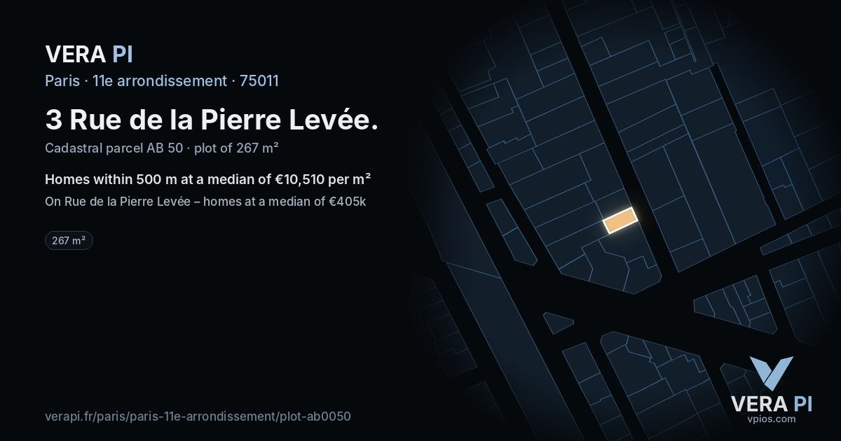 3 Rue de la Pierre Levée, 11e arrondissement at night – the plot lit, the parcels around coloured by the prices near them