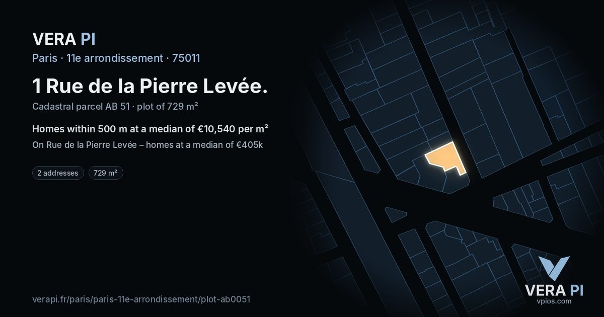 1 Rue de la Pierre Levée, 11e arrondissement at night – the plot lit, the parcels around coloured by the prices near them
