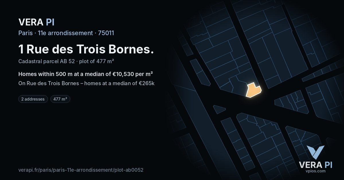 1 Rue des Trois Bornes, 11e arrondissement at night – the plot lit, the parcels around coloured by the prices near them