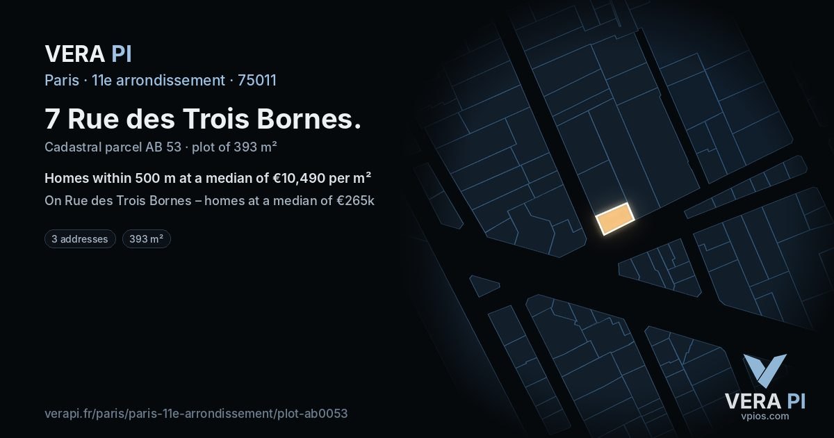 7 Rue des Trois Bornes, 11e arrondissement at night – the plot lit, the parcels around coloured by the prices near them
