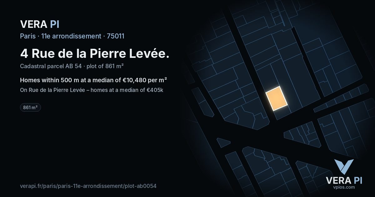 4 Rue de la Pierre Levée, 11e arrondissement at night – the plot lit, the parcels around coloured by the prices near them
