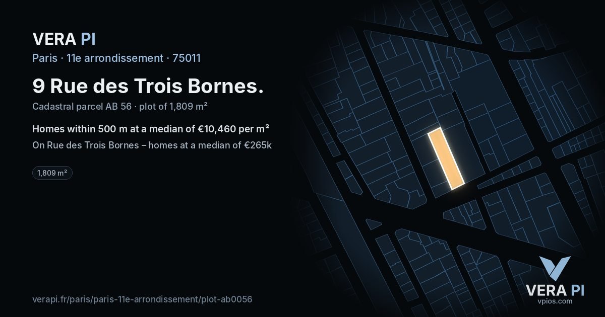 9 Rue des Trois Bornes, 11e arrondissement at night – the plot lit, the parcels around coloured by the prices near them