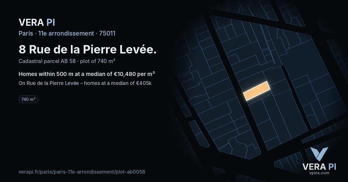 8 Rue de la Pierre Levée, 11e arrondissement at night – the plot lit, the parcels around coloured by the prices near them