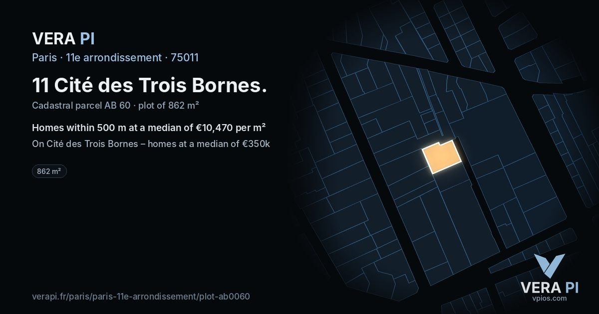 11 Cité des Trois Bornes, 11e arrondissement at night – the plot lit, the parcels around coloured by the prices near them