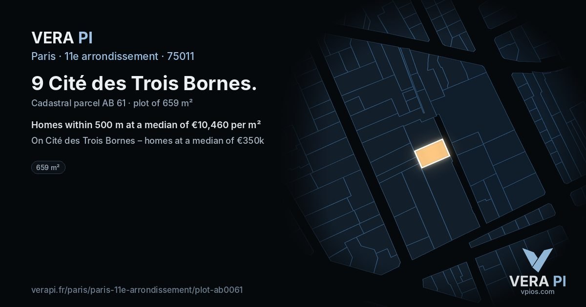 9 Cité des Trois Bornes, 11e arrondissement at night – the plot lit, the parcels around coloured by the prices near them