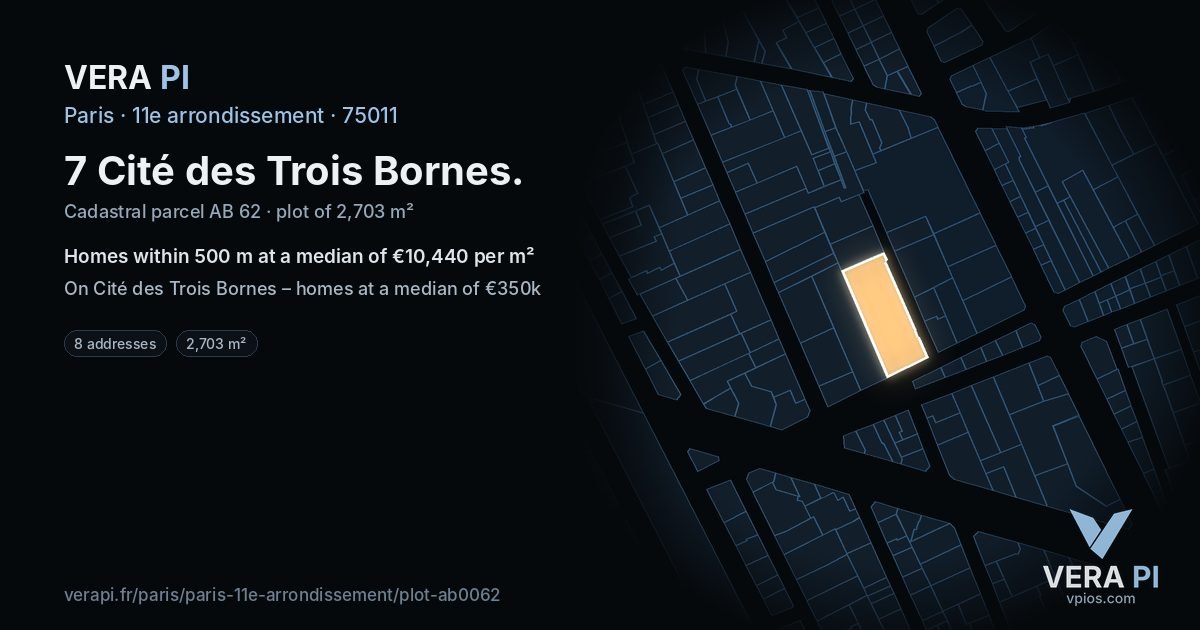7 Cité des Trois Bornes, 11e arrondissement at night – the plot lit, the parcels around coloured by the prices near them
