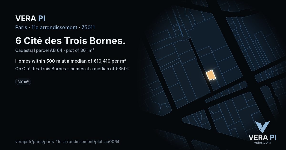 6 Cité des Trois Bornes, 11e arrondissement at night – the plot lit, the parcels around coloured by the prices near them