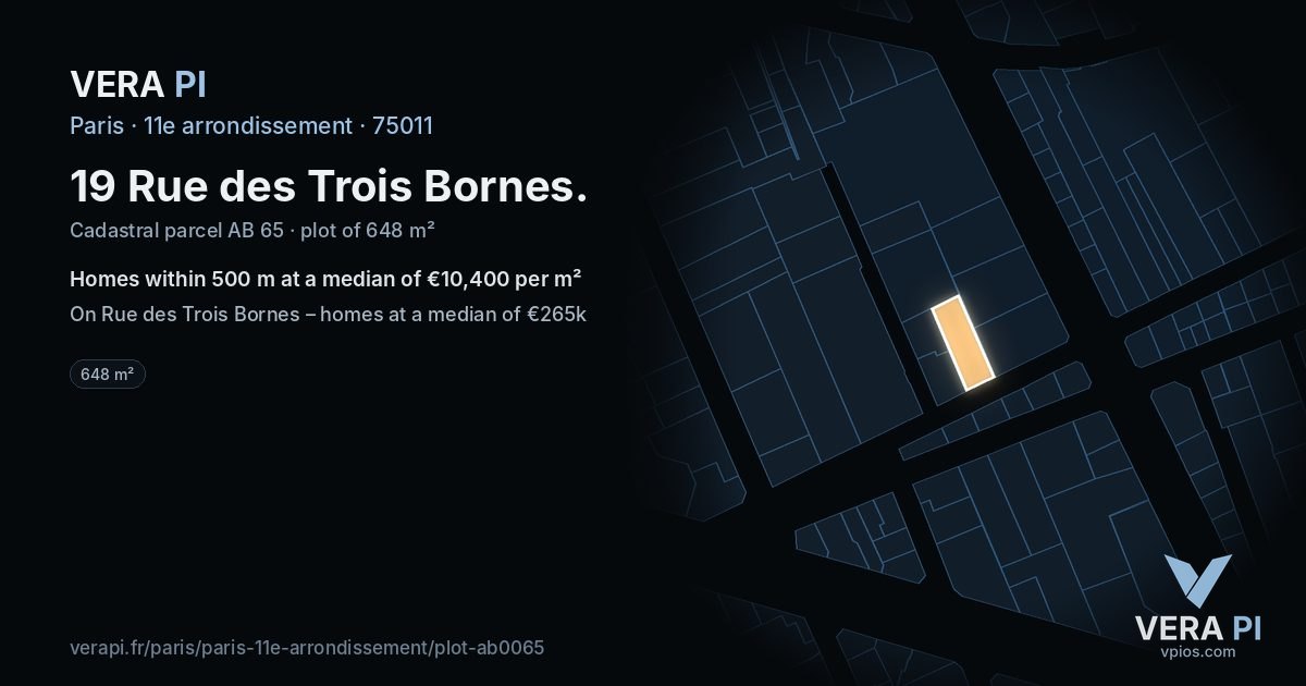 19 Rue des Trois Bornes, 11e arrondissement at night – the plot lit, the parcels around coloured by the prices near them