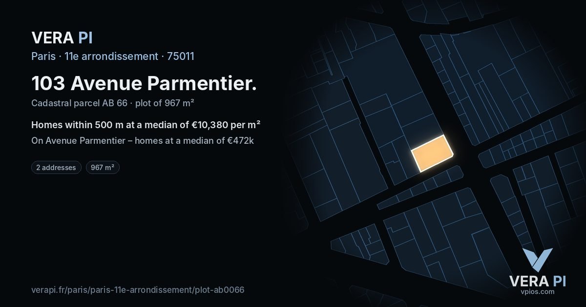 103 Avenue Parmentier, 11e arrondissement at night – the plot lit, the parcels around coloured by the prices near them