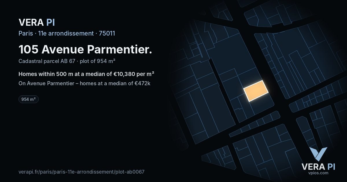 105 Avenue Parmentier, 11e arrondissement at night – the plot lit, the parcels around coloured by the prices near them