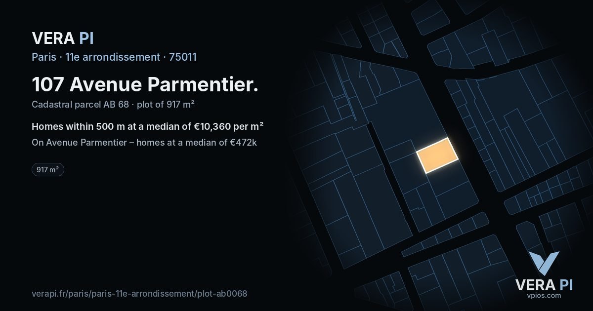 107 Avenue Parmentier, 11e arrondissement at night – the plot lit, the parcels around coloured by the prices near them