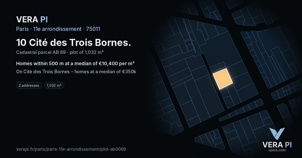 10 Cité des Trois Bornes, 11e arrondissement at night – the plot lit, the parcels around coloured by the prices near them