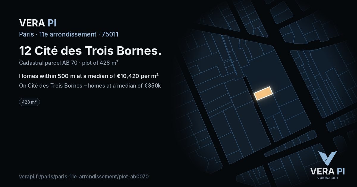 12 Cité des Trois Bornes, 11e arrondissement at night – the plot lit, the parcels around coloured by the prices near them