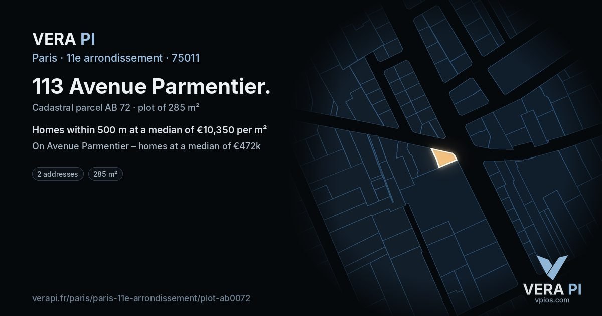113 Avenue Parmentier, 11e arrondissement at night – the plot lit, the parcels around coloured by the prices near them