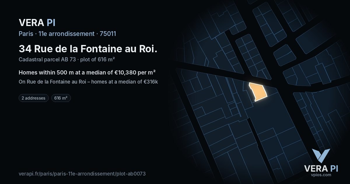 34 Rue de la Fontaine au Roi, 11e arrondissement at night – the plot lit, the parcels around coloured by the prices near them