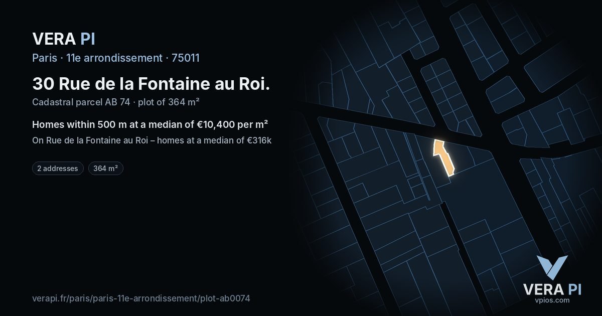 30 Rue de la Fontaine au Roi, 11e arrondissement at night – the plot lit, the parcels around coloured by the prices near them