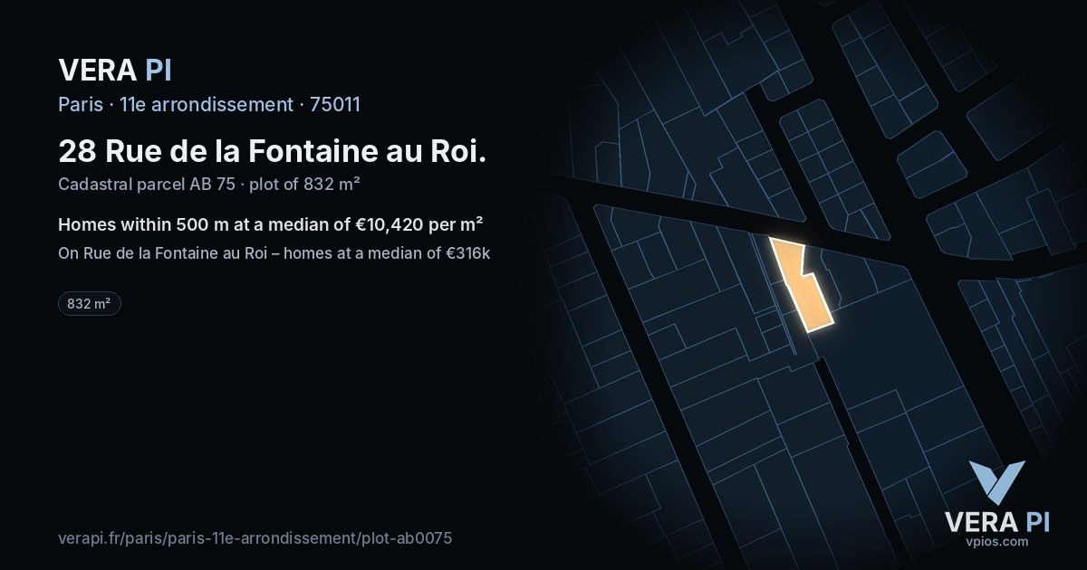 28 Rue de la Fontaine au Roi, 11e arrondissement at night – the plot lit, the parcels around coloured by the prices near them
