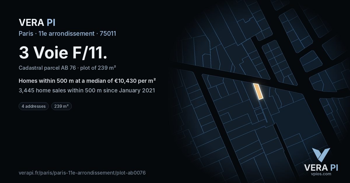 3 Voie F/11, 11e arrondissement at night – the plot lit, the parcels around coloured by the prices near them