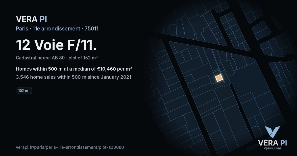 12 Voie F/11, 11e arrondissement at night – the plot lit, the parcels around coloured by the prices near them
