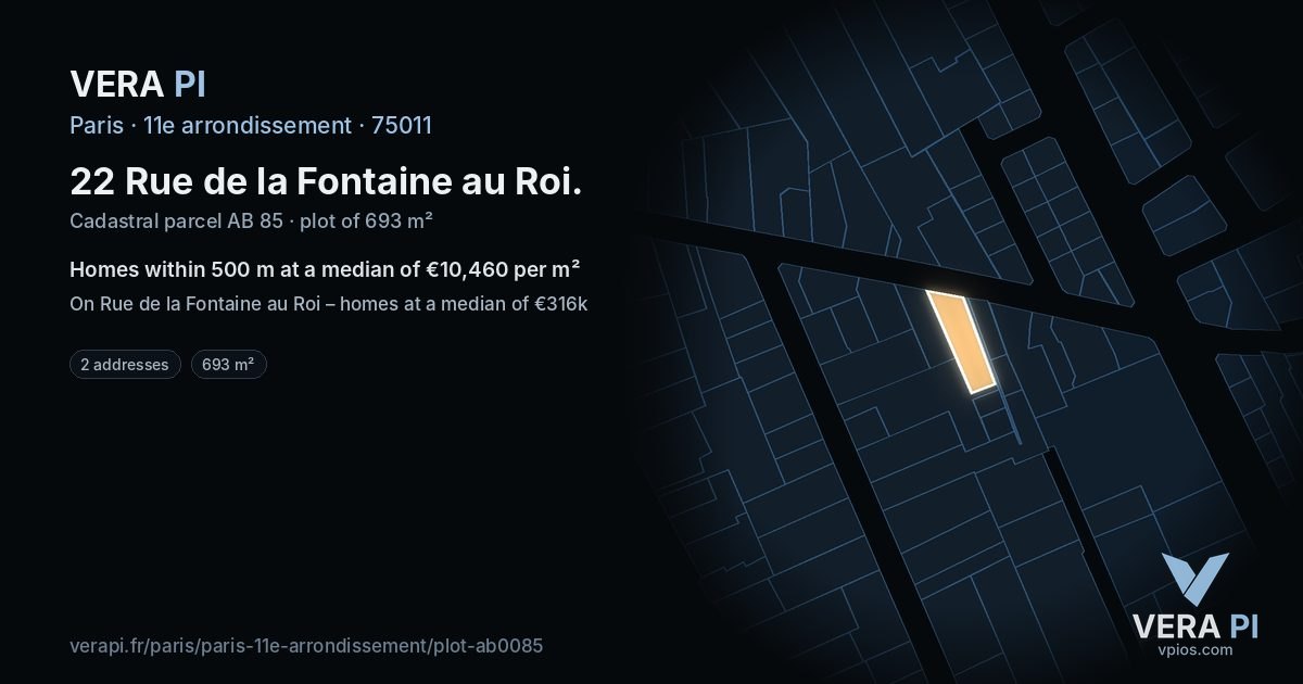 22 Rue de la Fontaine au Roi, 11e arrondissement at night – the plot lit, the parcels around coloured by the prices near them