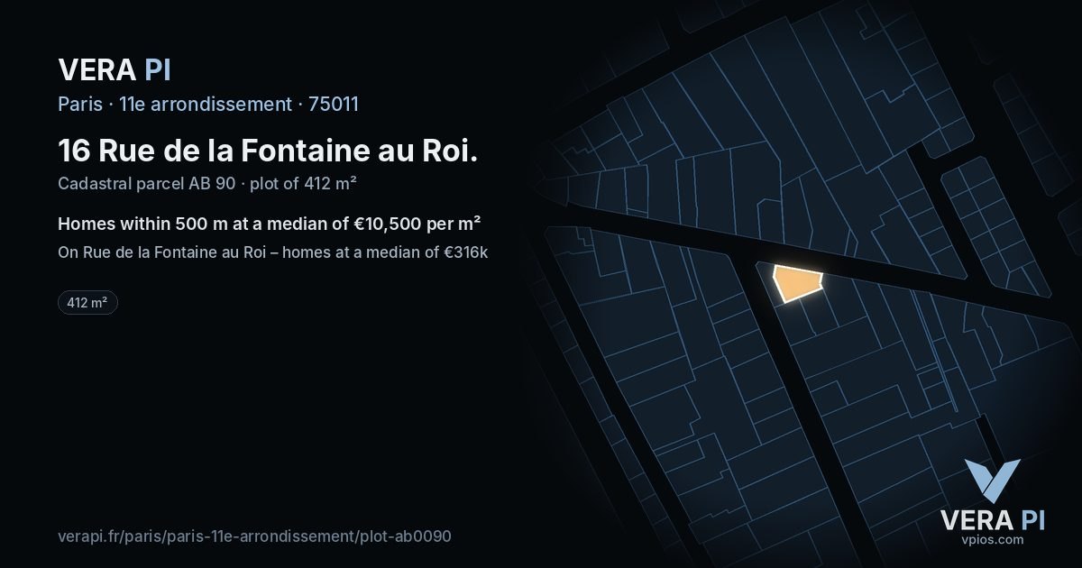 16 Rue de la Fontaine au Roi, 11e arrondissement at night – the plot lit, the parcels around coloured by the prices near them