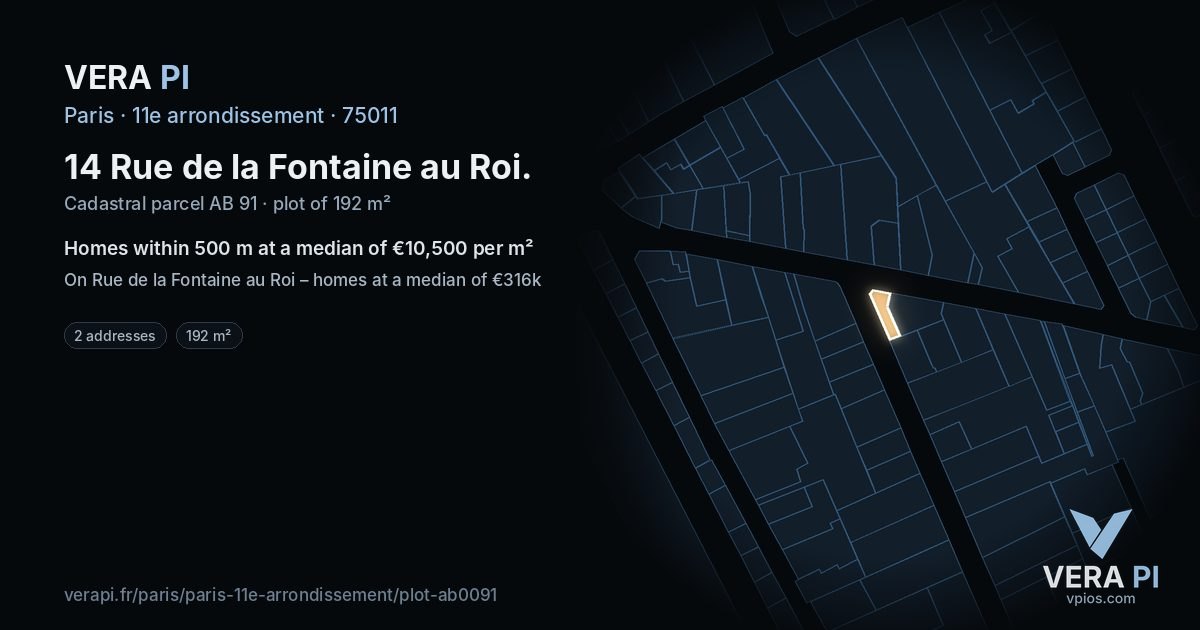 14 Rue de la Fontaine au Roi, 11e arrondissement at night – the plot lit, the parcels around coloured by the prices near them