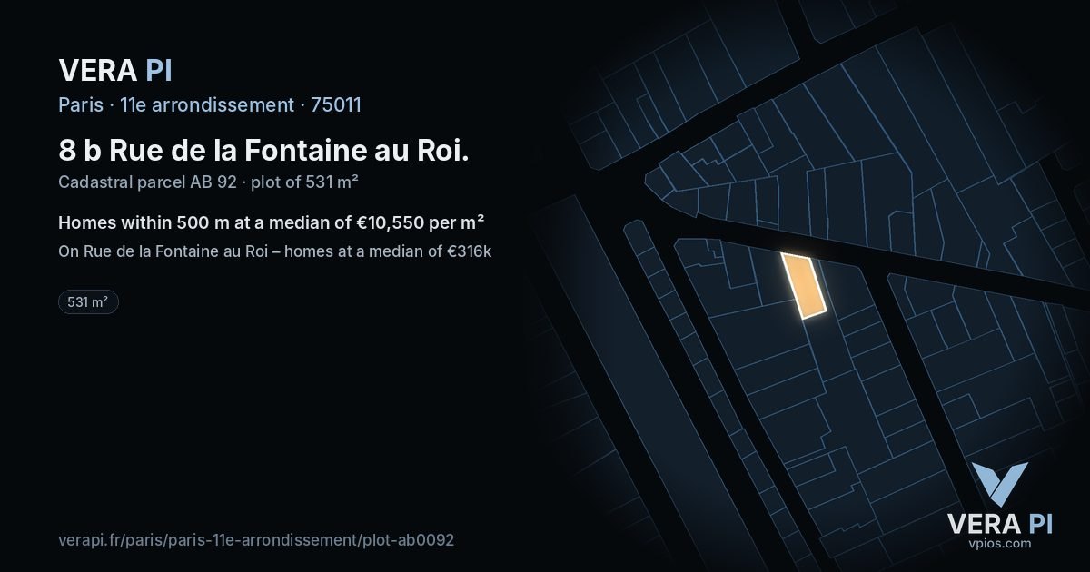 8 b Rue de la Fontaine au Roi, 11e arrondissement at night – the plot lit, the parcels around coloured by the prices near them