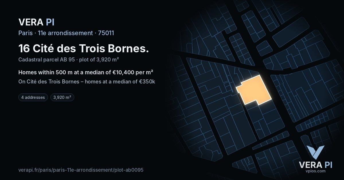 16 Cité des Trois Bornes, 11e arrondissement at night – the plot lit, the parcels around coloured by the prices near them