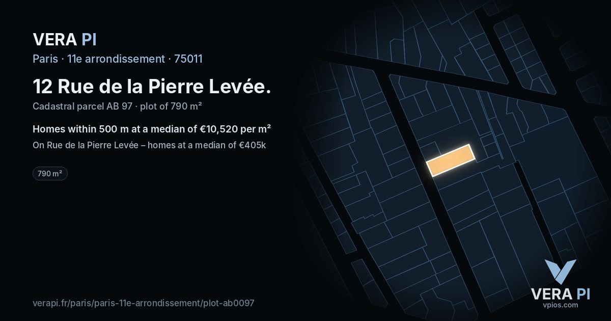 12 Rue de la Pierre Levée, 11e arrondissement at night – the plot lit, the parcels around coloured by the prices near them