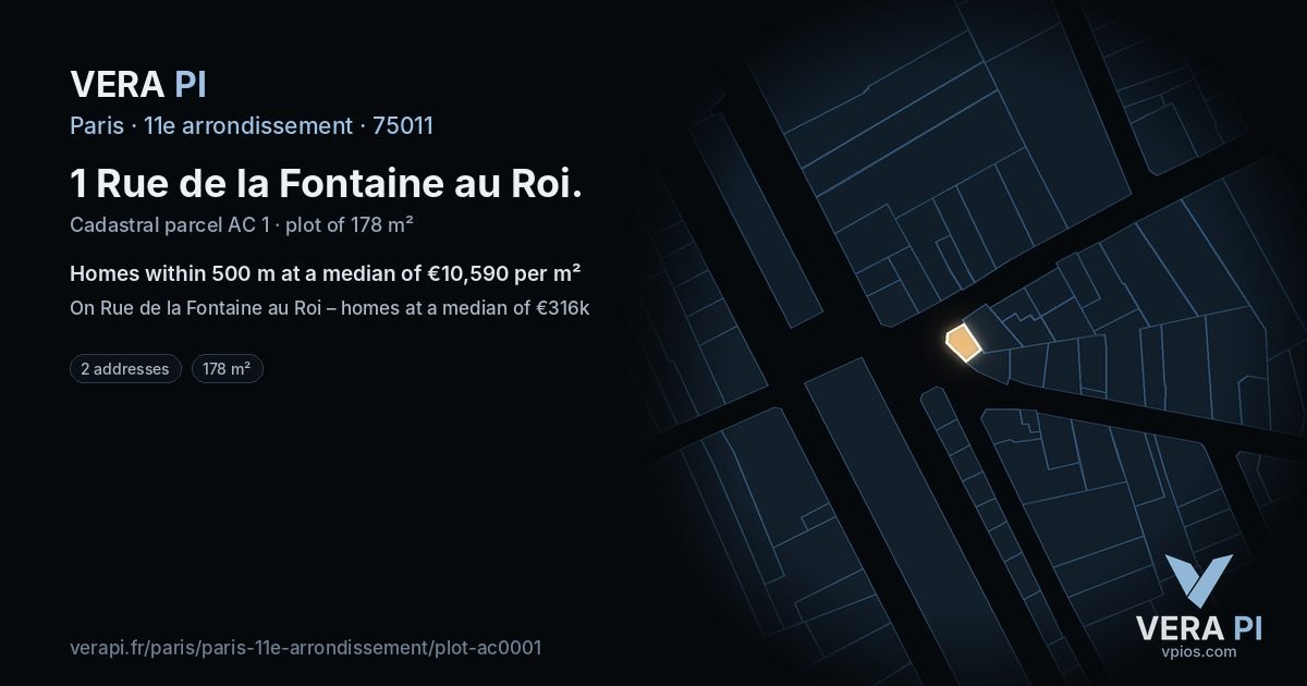 1 Rue de la Fontaine au Roi, 11e arrondissement at night – the plot lit, the parcels around coloured by the prices near them