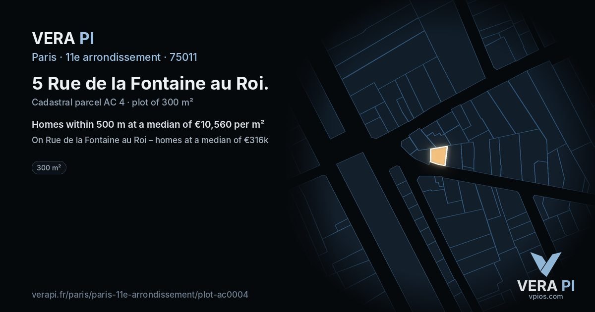 5 Rue de la Fontaine au Roi, 11e arrondissement at night – the plot lit, the parcels around coloured by the prices near them