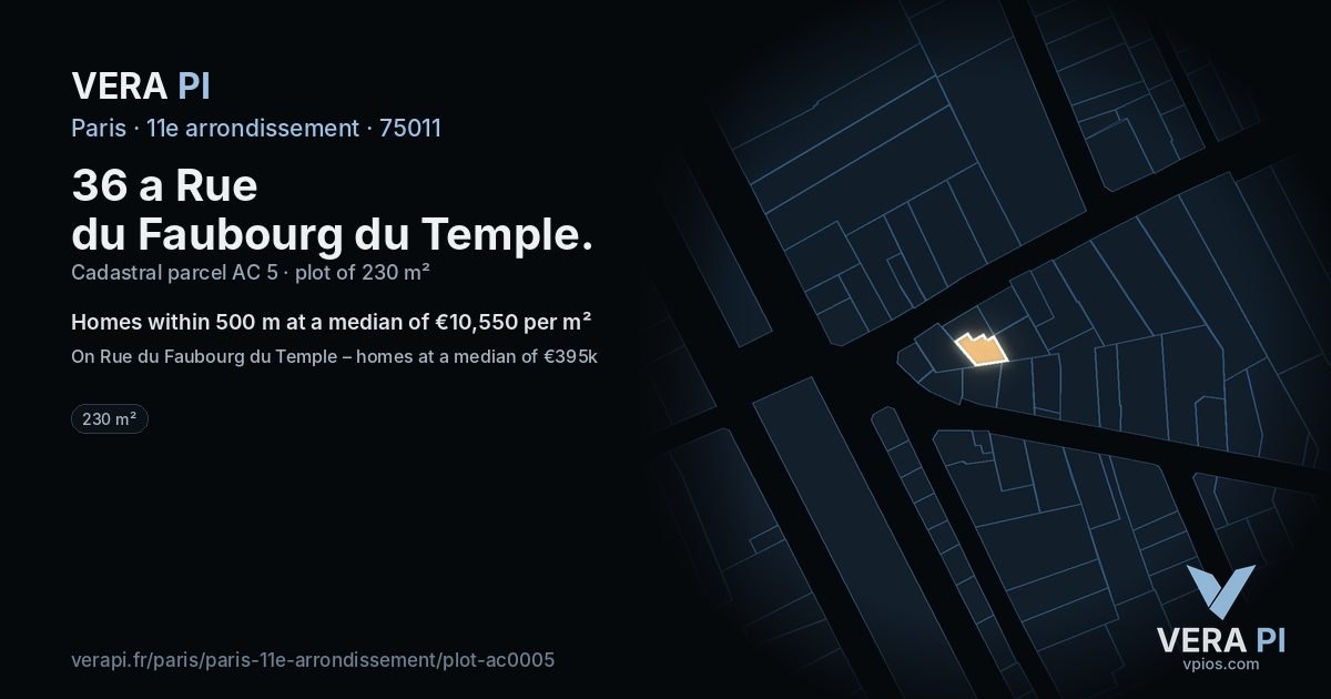 36 a Rue du Faubourg du Temple, 11e arrondissement at night – the plot lit, the parcels around coloured by the prices near them