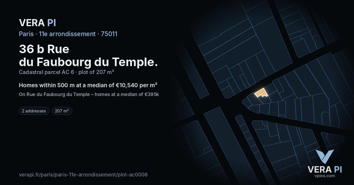 36 b Rue du Faubourg du Temple, 11e arrondissement at night – the plot lit, the parcels around coloured by the prices near them