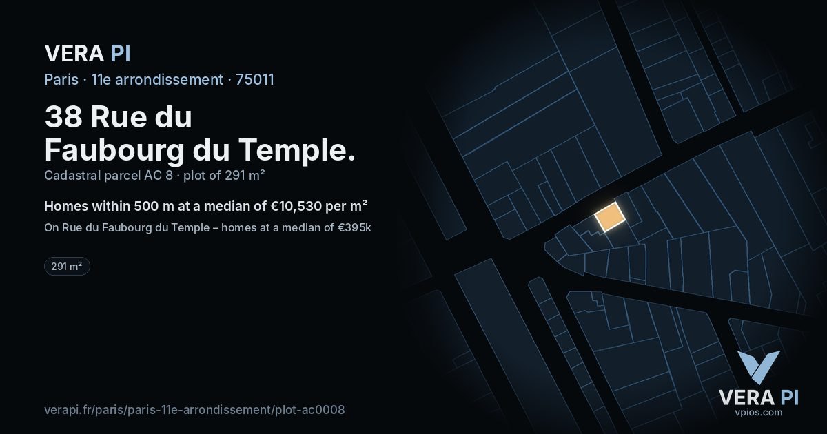 38 Rue du Faubourg du Temple, 11e arrondissement at night – the plot lit, the parcels around coloured by the prices near them