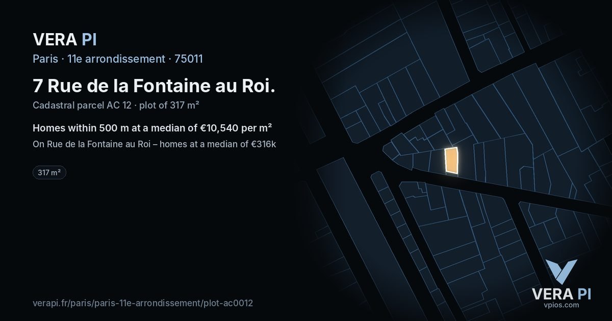 7 Rue de la Fontaine au Roi, 11e arrondissement at night – the plot lit, the parcels around coloured by the prices near them