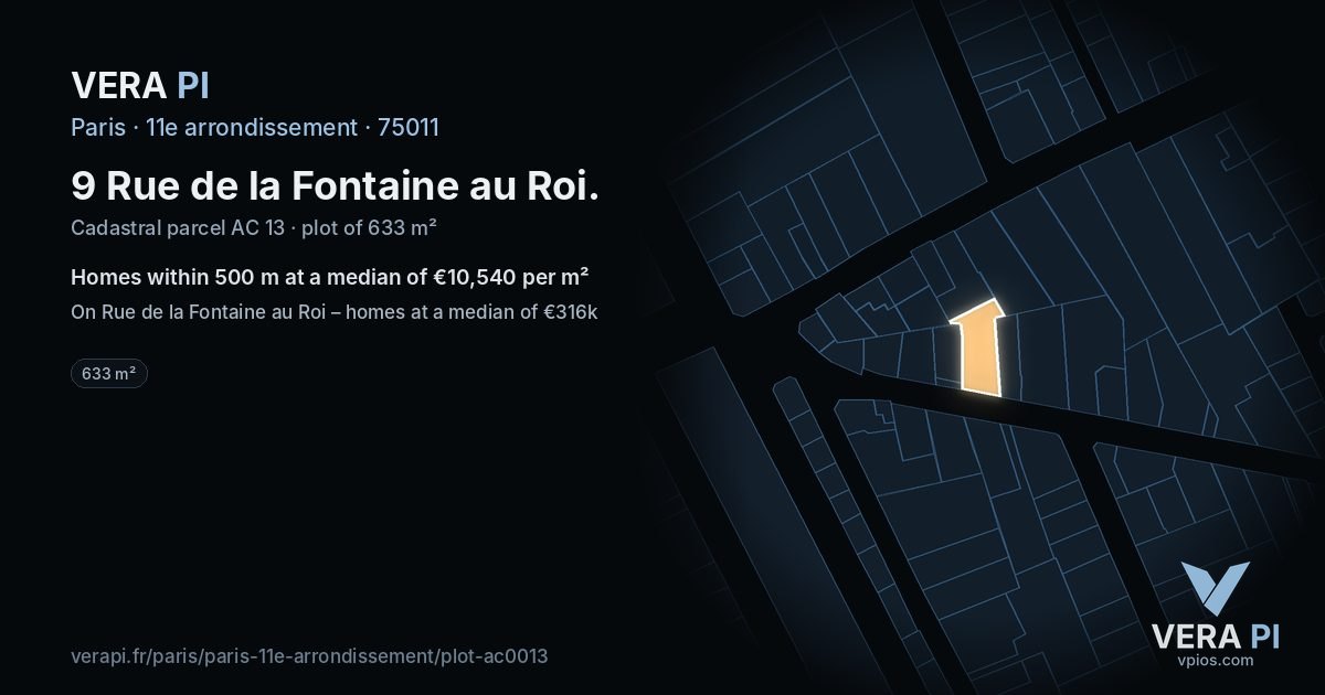 9 Rue de la Fontaine au Roi, 11e arrondissement at night – the plot lit, the parcels around coloured by the prices near them