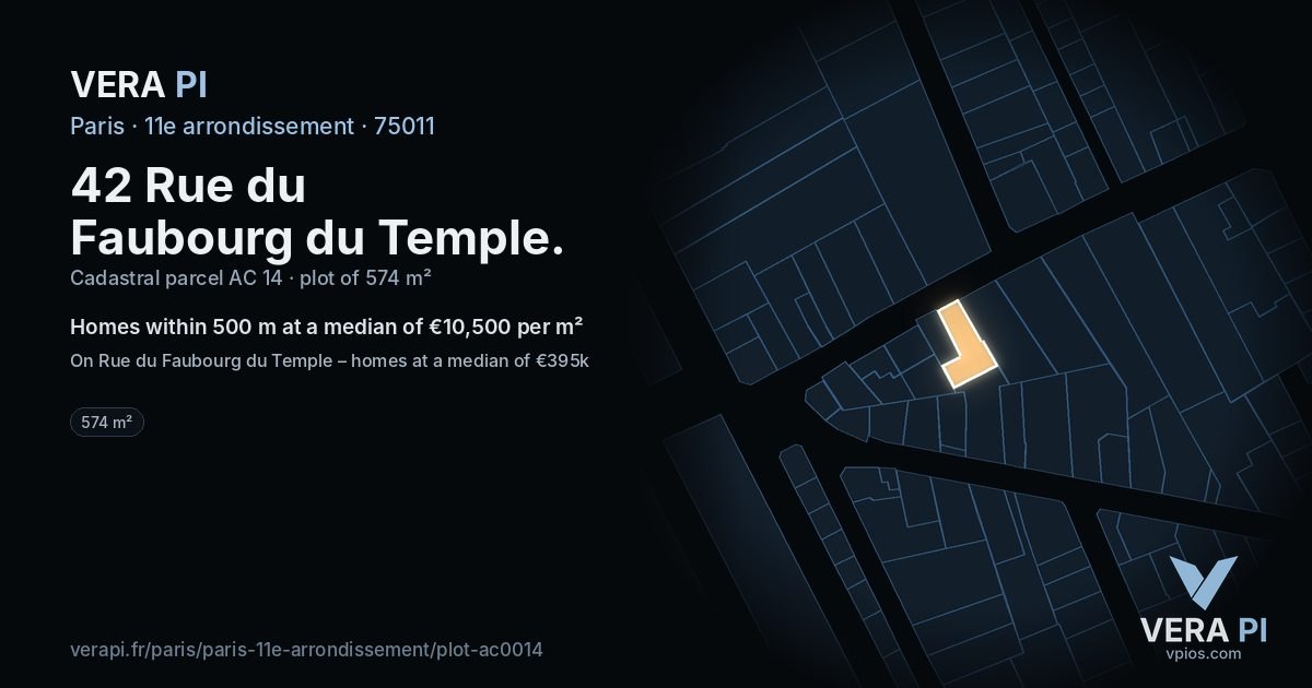 42 Rue du Faubourg du Temple, 11e arrondissement at night – the plot lit, the parcels around coloured by the prices near them