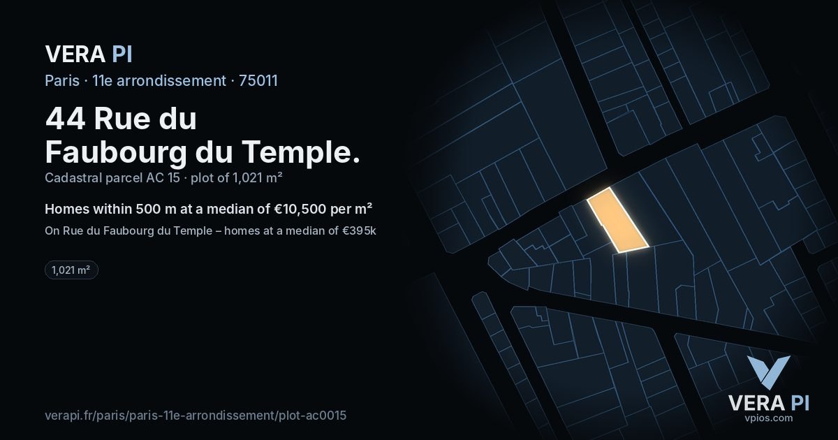 44 Rue du Faubourg du Temple, 11e arrondissement at night – the plot lit, the parcels around coloured by the prices near them