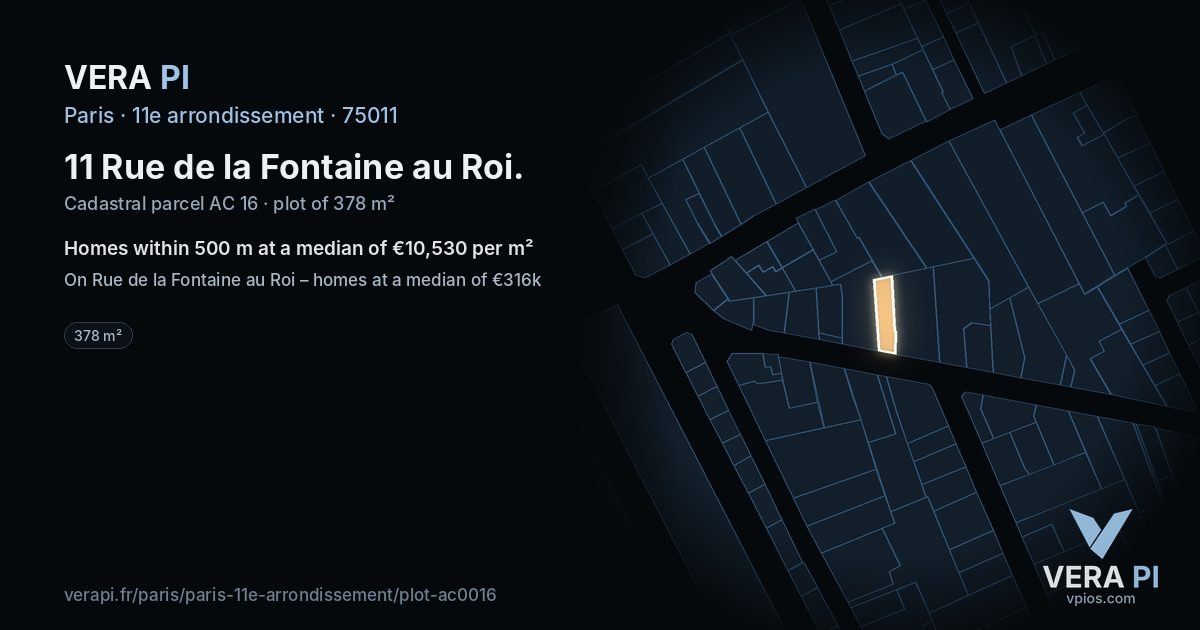 11 Rue de la Fontaine au Roi, 11e arrondissement at night – the plot lit, the parcels around coloured by the prices near them