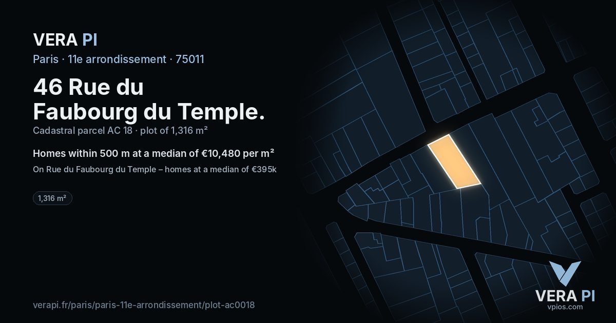 46 Rue du Faubourg du Temple, 11e arrondissement at night – the plot lit, the parcels around coloured by the prices near them