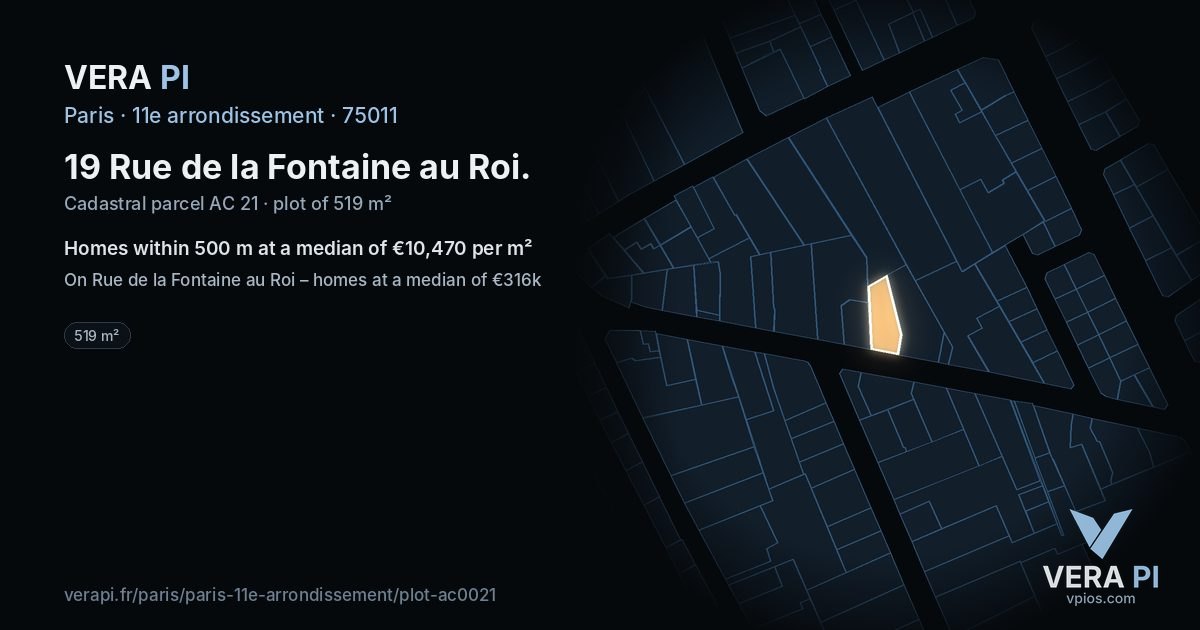 19 Rue de la Fontaine au Roi, 11e arrondissement at night – the plot lit, the parcels around coloured by the prices near them
