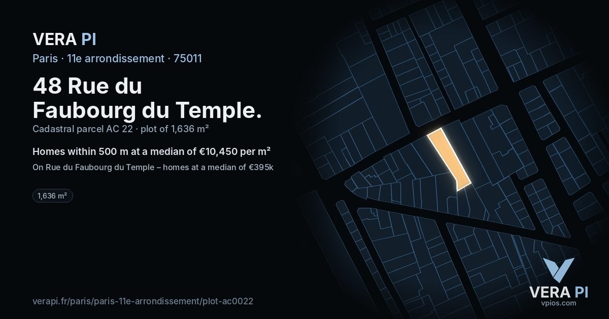 48 Rue du Faubourg du Temple, 11e arrondissement at night – the plot lit, the parcels around coloured by the prices near them