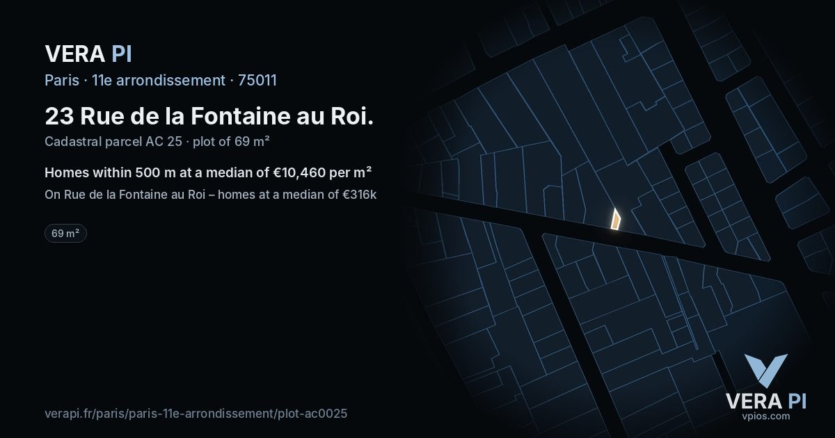 23 Rue de la Fontaine au Roi, 11e arrondissement at night – the plot lit, the parcels around coloured by the prices near them